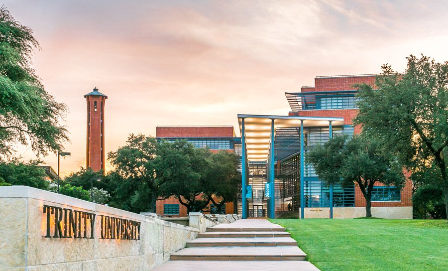 trinity university campus sign and building